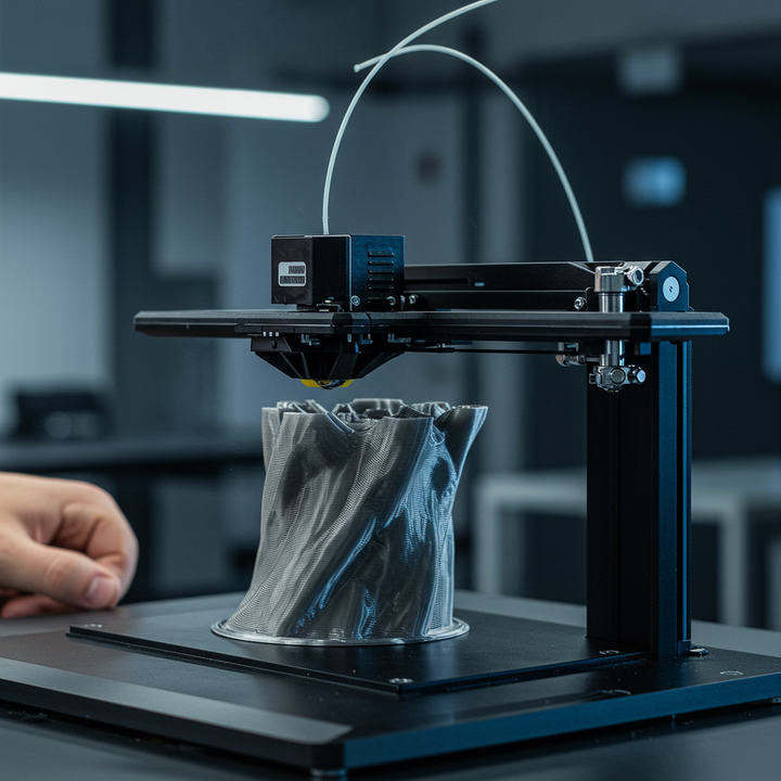 A modern 3D printer in operation, fabricating a complex object, symbolizing the future of manufacturing.