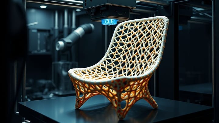 Colorful 3D printed objects made from recycled materials on workbench