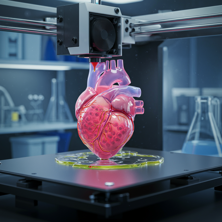 A close-up of a 3D bioprinter creating a complex biological structure in a laboratory setting.