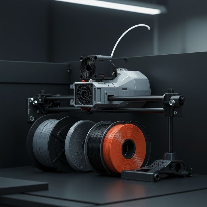 A close-up of a 3D printer nozzle extruding advanced filament, with a futuristic, metallic-looking object being printed.