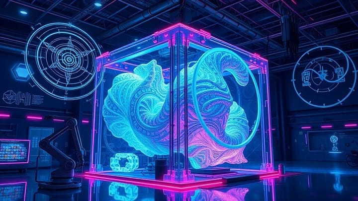 AI-driven 3D printer creating a complex, optimized component.