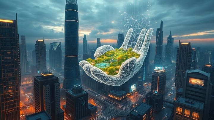 Abstract image of interconnected circuits and glowing data points, symbolizing AI integration.